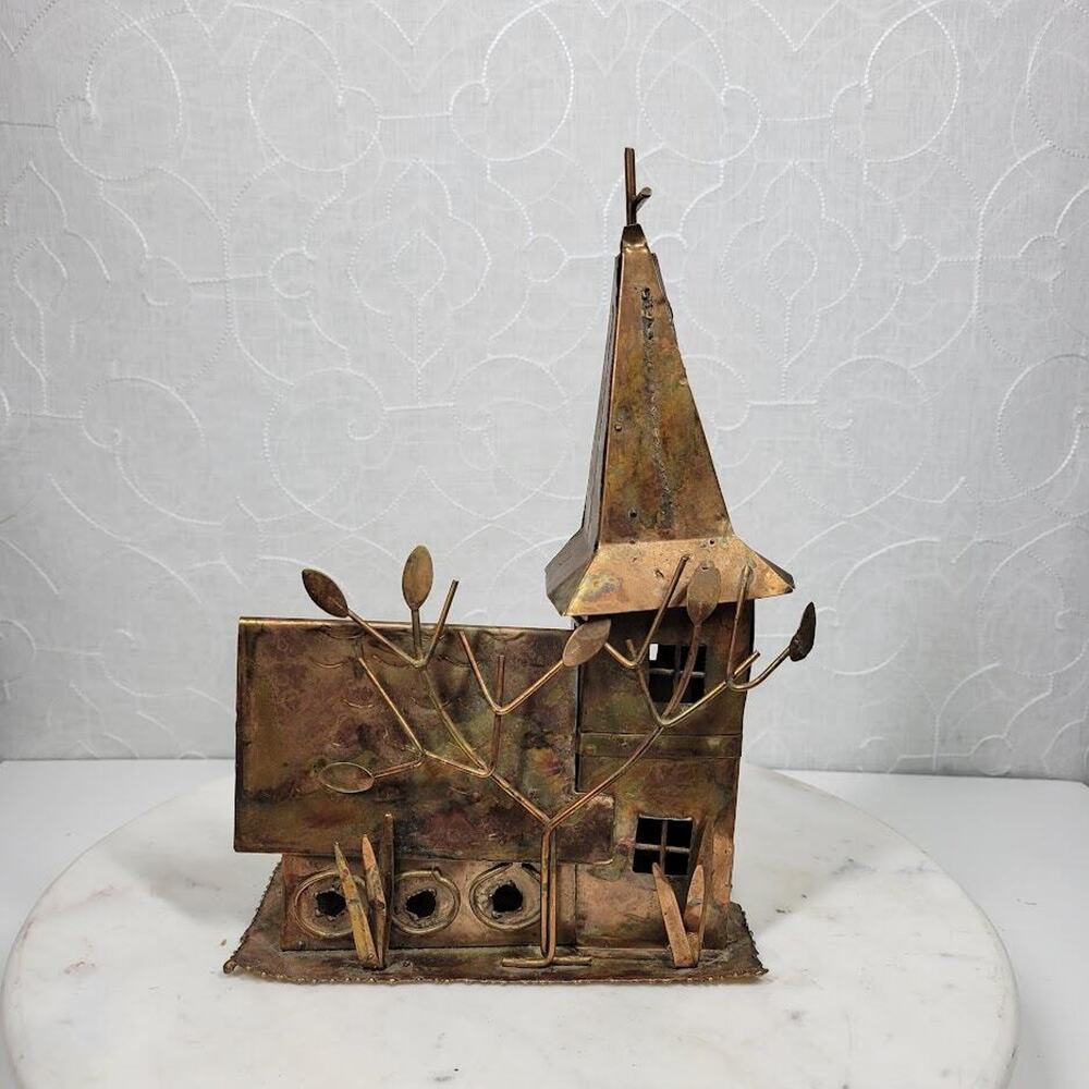 Vintage Copper Church 11" MCM Metal Art Sculpture Working Music Box Whimsical